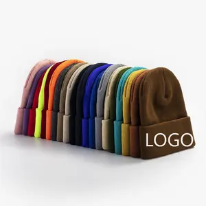 Topi kupluk kepang hangat besar akrilik rajut 30 warna topi rajut polos Logo bordir kustom topi musim dingin