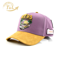 Topi Baseball T&L Gorra Bordir Logo Custom 5 Panel 4U Suede, Pinggiran Melengkung, Snapback Adjustable, Olahraga Unisex, 100% Katun