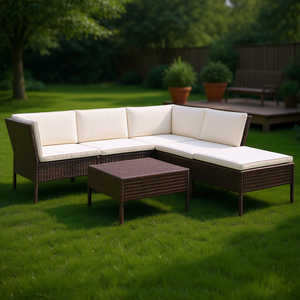 Ensemble de salon de jardin en rotin blanc crème et brun avec coussins pour usage extérieur, 6 places, style contemporain - Product Image 2