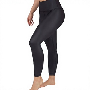 Mid Waist Full Length Seamless Waterproof Yoga <b>Leggings</b> Solid <b>Black</b> <b>Leather</b> Elastic Waist Closure Women's - Product Image 1