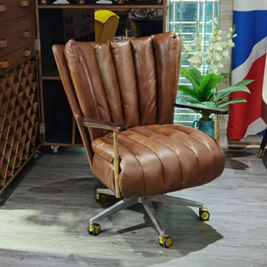 Chaise longue rétro vintage de luxe en cuir véritable avec <span class=keywords><strong>roulettes</strong></span> en métal et acier Home Office Bedroom Villa Living Room Chairs Swivel - Product Image 5