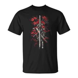 T-shirt promotionnel Otaku d'anime japonais avec motif de fleur de lys araignée rouge et katana samouraï - Product Image 1
