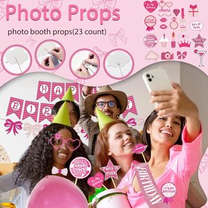 Decorazioni per Feste di Compleanno Rosa con Fiocco, Inclusi Piatti, Tovaglioli, Tovaglia, Striscione di Buon Compleanno, Palloncini, Decorazioni per <span class=keywords><strong>Torta</strong></span> per Ragazze - Product Image 5