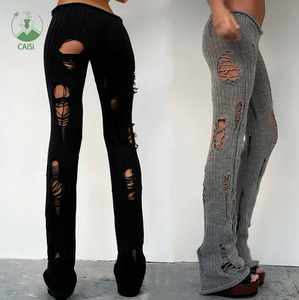 Pantalones Ajustados de Punto Irregular con Rasgaduras para Mujer, Tendencia Otoñal, Moda Sexy, Estilo Urbano, Ropa de Club, Estilo Hip-Hop - Product Image 1