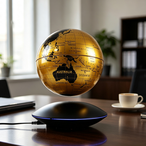 Globo terráqueo dorado flotante con luz LED azul, decoración moderna de escritorio con levitación magnética para el hogar, oficina o estudio. - Product Image 2