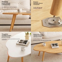 Table basse moderne et simple avec pieds en bois massif et plateau en panneau de densité, forme irrégulière, idéale pour les petits appartements et salons.