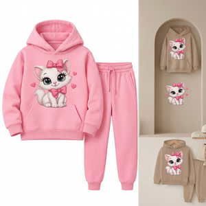 Ensemble jogging personnalisé pour filles, imprimé chat rose, sweat-shirt en molleton, ensemble deux pièces, survêtement décontracté pour enfants - Product Image 1