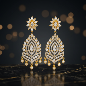 Ping <b>Bling</b> Elegant Brass Pearl Crystal Drop <b>Earrings</b> Women Gold Tone Geometric Teardrop Dangle Luxury Bridal Wedding Party - Product Image 3