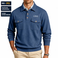 Kaos Polo Lengan Panjang Pria Bordir Custom Model Drop Shoulder dengan 2 Kantong Dada dan Kancing Depan, Sweatshirt Kasual OEM