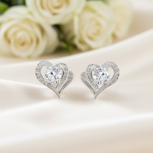 Boucles d'oreilles en forme de cœur en or blanc E1232, avec serti rond en zircon, pour femmes, bijoux romantiques à la mode, cadeau - Product Image 2