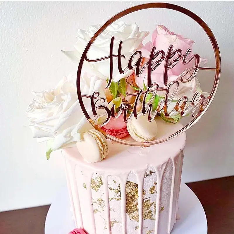 直径10cmのお誕生日おめでとうケーキトッパー、ケーキデコレーションパーティー用品SQA044用ローズゴールドケーキトッパー