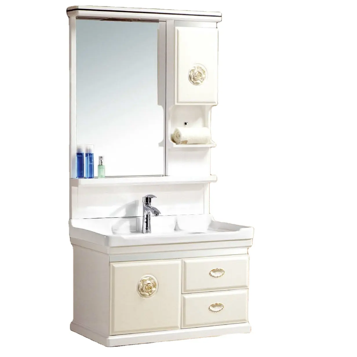 Kabinet kamar mandi kayu lapis Modern Vanity kamar mandi gaya Eropa yang layak dengan bunga ukiran dengan cermin dan baskom warna yang disesuaikan