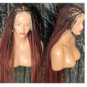 Оптовая продажа, бесклеевой Плетеный парик, полностью кружевной Плетеный парик из синтетических волос для женщин, прозрачный косичковый Плетеный парик на фронтальной сетке