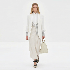 Blazer élégant en <span class=keywords><strong>lin</strong></span> blanc à rayures fines, double boutonnage, boutons dorés, revers crantés, sur mesure pour <span class=keywords><strong>femme</strong></span>, idéal pour le bureau - Product Image 2