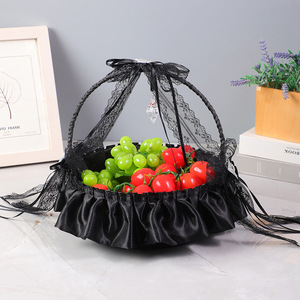 Black Satin Lace Pearl and Bowknot Handheld Flower <b>Basket</b> Elegant Vintage and Mystical-Style Wedding Decor - Product Image 5