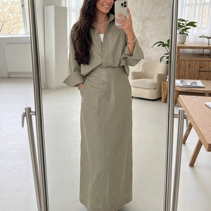 Aschulman Set da <span class=keywords><strong>Donna</strong></span> Personalizzato in <span class=keywords><strong>Lino</strong></span> e Viscosa, Camicetta e Gonna Lunga, 2 Pezzi, Tinta Unita, Abbigliamento Modesto per Donne Musulmane - Product Image 1