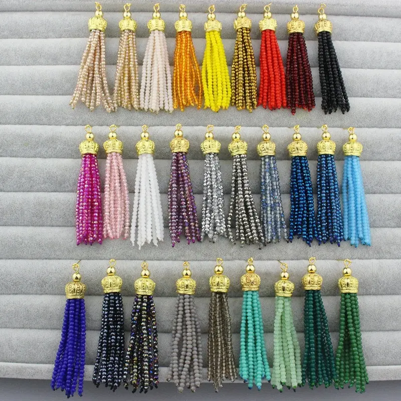 CH-LSP0436 Đầy Màu Sắc Rondelle Glass Beaded Tassel, Bead Tassel Pendant, Mạ Vàng Vương Miện Dài Bead Tassel Trang Sức Mặt Dây Chuyền