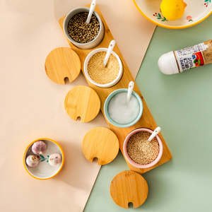 Kitchen Nordic Spice Storage Container Set Ceramic Seasoning Jar with Spoon Lid Tray