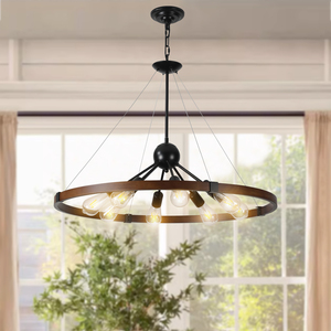 Expédié depuis les États-Unis, lustre industriel rustique de 32 pouces, luminaire suspendu de style ferme à 8 lumières avec finition en métal et en bois (sans ampoule) - Product Image 4