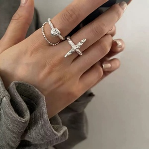 S925 Sterling <b>Silver</b> Cross <b>Ring</b> Meteorite Texture Opening Style Unisex Everyday Wear Jewelry - Product Image 1