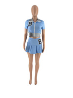 Vêtements pour femmes en gros, tenue d'été, veste universitaire à imprimé lettres, baseball, ensemble jupe courte en deux pièces