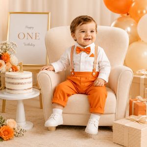 Tenue formelle deux pièces pour le 1er anniversaire d'un bébé garçon : chemise blanche à manches longues, pantalon à bretelles orange, nœud papillon - Product Image 1