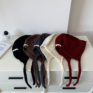 Chapeau en laine 100% pure, <span class=keywords><strong>petit</strong></span> chapeau <span class=keywords><strong>rouge</strong></span> à capuche, tricoté, nouvelle arrivée, chapeau à nouer, style européen-américain pour femmes, 48-50 cm de tour de tête - Product Image 2