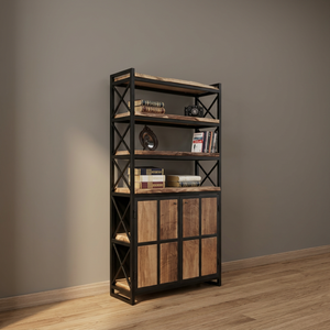Bibliothèque moderne en acier industriel avec étagères en bois pour le salon et le bureau à domicile - Product Image 2