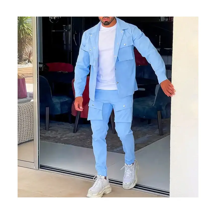 Spor giyim erkek giyim rahat moda korse cep pantolon ceket iki parçalı set erkek giysileri slim fit ceket pantolon erkek setleri