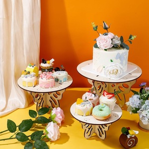 Wooden Butterfly Cake <b>Stand</b> Round Natural Wood Color Birthday Party Dessert Display Desktop Standing 1 <b>Pc</b> Handmade - Product Image 3