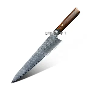 سكين طاهٍ ياباني من Razer Sharp مقاس 8 بوصات مكون من 67 طبقة مصنوع من الفولاذ الدمشقي VG10 مزود بمقبض خشبي من نوع كوكوبولو وهو سكين مطبخ من الفولاذ المقاوم للصدأ