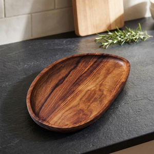 B.S INTERNATIONAL NA217 Bandeja de Servir Ovalada de Madera de Acacia con Decoración Floral, Acabado Pulido, Grado Comercial, Portátil - Product Image 1