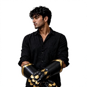 Gants de guerrier en métal plaqué or et noir, forme irrégulière, armure de mode, objet de collection, artisanat métallique, objet de présentation - Product Image 1