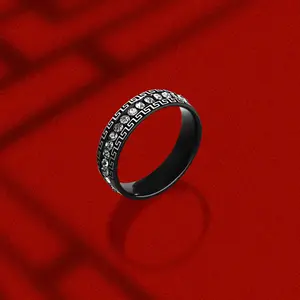 戒指批发饰品经典斜纹长城质感中式磨砂镶嵌锆石不锈钢戒指镀金