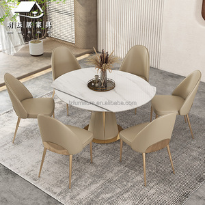 Luxury White Rock Slab Dining <b>Table</b> Round <b>Expandable</b> Champagne Gold Flared Base 4-8 Seater Home Restaurant Hotel Furniture - Product Image 1