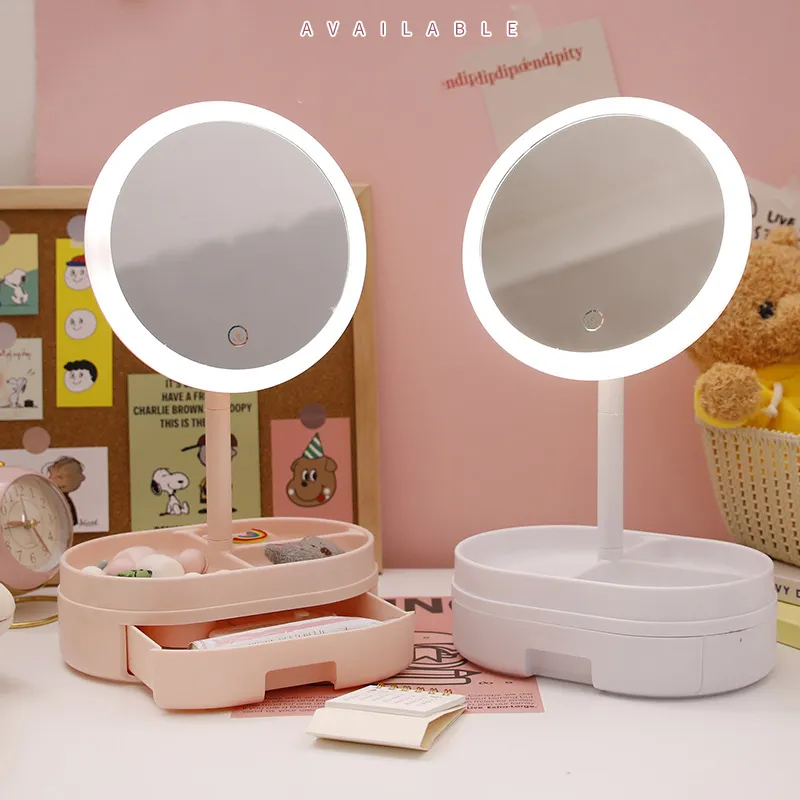 Nuovo Design Smart Touch Control luce specchio da tavolo in plastica Led specchio con scatola di immagazzinaggio cosmetico rosa