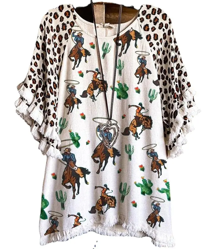 Blusa holgada Vintage con estampado De leopardo occidental para Mujer, Blusa De manga corta con volantes, camisetas, ropa para Mujer 2023