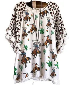 Vintage Western Leopard Dicetak Cowgirls Longgar Blusas De Mujer Ruffles Blus Lengan Pendek Atasan T Shirt Pakaian untuk Wanita 2023