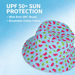 หมวกบักเก็ตเด็กแบบกลับด้านได้ ป้องกันแสงแดด UPF 50+ ผ้าฝ้าย 100% ลายผลไม้ พร้อมสายรัดคางปรับได้ - Product Image 5