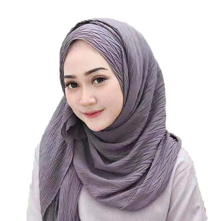 Livraison directe échantillon gratuit malaisie dernière mode en mousseline de soie froissée Hijab couleur unie femmes plissée islamique musulman Hijab écharpe