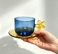 Ensemble tasse et soucoupe en verre borosilicate, mug bleu avec poignée fleurie jaune, résistant à la chaleur, pour café et thé, idéal pour la maison et les cafés