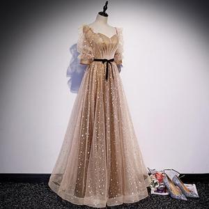 Women's Evening Gown Champagne Gold Chiffon Backless Empire Waist A-Line Long Dress For Hostess - Product Image 4