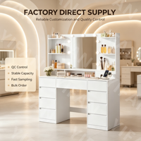 Coiffeuse Hzuaneri en panneau MDF avec 9 tiroirs, éclairage LED, grand miroir HD, ampoules rétro chaudes, fixation murale pour chambre à coucher