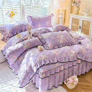 Korean Style Washed Cotton Quilted Bedding Set Ruffled Princess <b>Bed</b> Skirt Duvet <b>Cover</b> Pillowcases Thick Cotton - Product Image 1