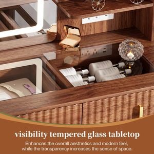 PHOENIX HOME Modern Glass Top <strong>Dressing</strong> <strong>Table</strong> <strong>Large</strong> <strong>Mirror</strong> 6 Drawers Storage Shelves Walnut Fluted Makeup Vanity Desk - Product Image 3