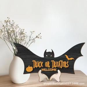 Halloween <b>Wooden</b> Bat <b>Sign</b> Trick Or Treaters Welcome <b>Home</b> Desktop Decoration Animal Shape Retro Color Solid Wood Prop - Product Image 1