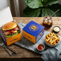 Boîte à hamburger jetable, emballage pour hamburger, boîte en papier kraft pour restauration rapide avec revêtement anti-graisse