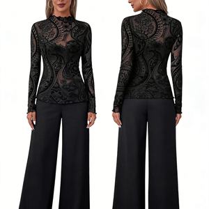 Women's Black Sheer Mesh <b>Top</b> - Long Sleeve High Neck <b>Top</b> With Velvet Paisley & Mandala Print Shirt Fashion - Product Image 1