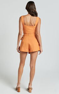 Oem Custom <span class=keywords><strong>Matching</strong></span> Coord Casual Feminino Quadrado Pescoço Sem Mangas Colheita Tops Linho Mini Envoltório Saia de Duas Peças Conjuntos para As Mulheres - Product Image 2