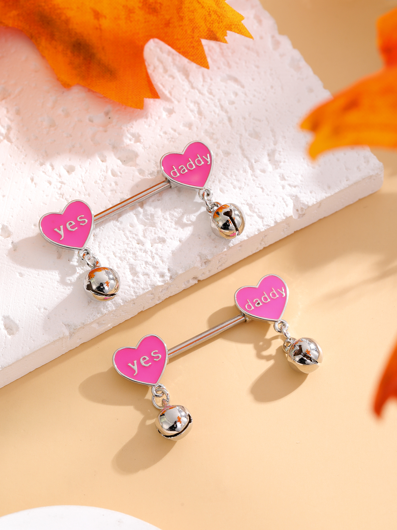 2-Pack Heart Shaped Shield Bar Nipple Rings – 14G Stainless Steel With Rainstone, 16mm Length